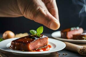 uma pessoa é segurando uma peça do carne em uma placa. gerado por IA foto