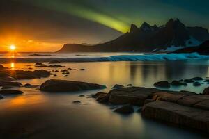 a aurora boreal brilha sobre a oceano e pedras. gerado por IA foto