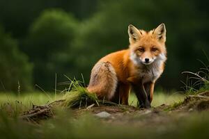 uma vermelho Raposa é sentado em a terra dentro uma campo. gerado por IA foto