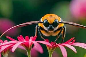 uma abelha com Preto olhos e amarelo asas é sentado em uma flor. gerado por IA foto