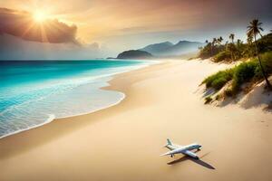 a avião é estacionado em a de praia Próximo para a oceano. gerado por IA foto