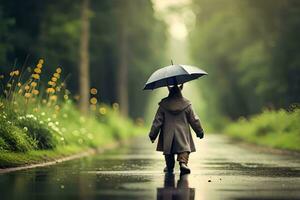 uma pessoa caminhando baixa uma estrada com a guarda-chuva. gerado por IA foto