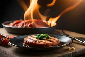 grelhado carne em uma prato com uma chama dentro a fundo. gerado por IA foto