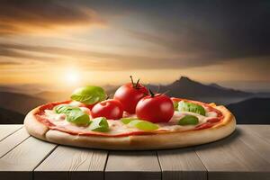 pizza com tomates e manjericão em uma de madeira mesa com uma pôr do sol dentro a fundo. gerado por IA foto