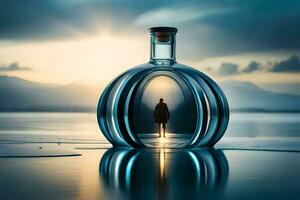 uma homem é em pé dentro do uma garrafa com água. gerado por IA foto