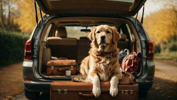 dourado retriever cachorro sentado dentro carro tronco pronto para uma período de férias viagem. ai gerado foto