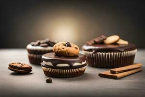 chocolate bolos de copo com biscoitos e chocolate salgadinhos. gerado por IA foto