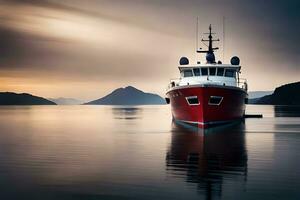 uma vermelho barco é ancorado dentro a água. gerado por IA foto