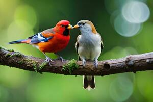 dois pássaros estão sentado em uma ramo com uma verde fundo. gerado por IA foto
