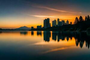 uma cidade Horizonte é refletido dentro uma lago às pôr do sol. gerado por IA foto
