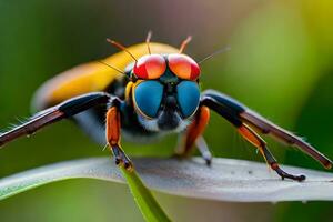 uma fechar acima do uma colorida inseto com vermelho olhos. gerado por IA foto