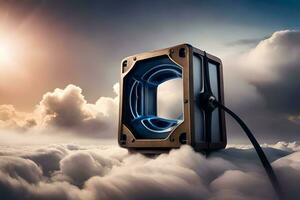 uma Câmera é sentado em topo do uma nuvem. gerado por IA foto