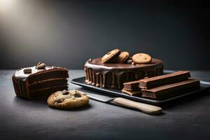 chocolate bolo e biscoitos em uma mesa. gerado por IA foto