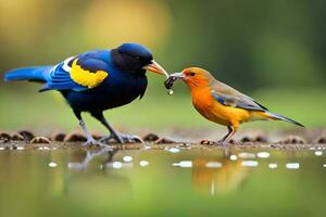 uma azul e laranja pássaro comendo a partir de uma pequeno pássaro. gerado por IA foto