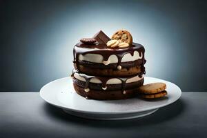 uma chocolate bolo com biscoitos e chocolate geada. gerado por IA foto