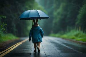 uma pessoa caminhando baixa uma estrada com a guarda-chuva. gerado por IA foto