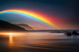 uma arco Iris é brilhando sobre a oceano às noite. gerado por IA foto