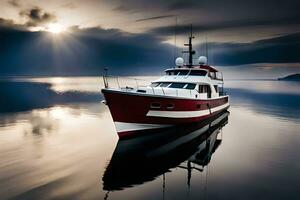 uma vermelho e branco barco é flutuando dentro a água. gerado por IA foto