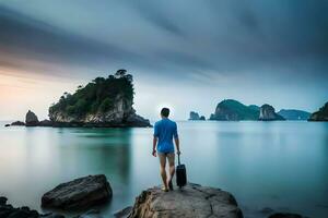 homem em pé em Rocha com mala de viagem olhando às oceano. gerado por IA foto
