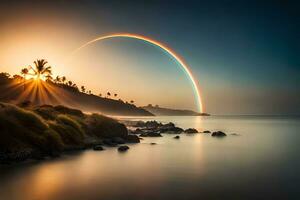 uma arco Iris é visto sobre a oceano dentro isto foto. gerado por IA foto