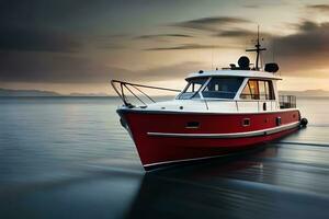 uma vermelho e branco barco é Navegando em a água. gerado por IA foto