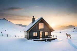 uma pequeno cabine dentro a neve com uma cervo. gerado por IA foto