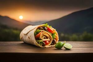 burrito com legumes e tomates em uma de madeira mesa com pôr do sol dentro a fundo. gerado por IA foto