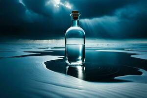 uma garrafa do água senta em a oceano chão. gerado por IA foto