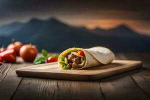 uma burrito é sentado em uma de madeira corte borda com tomates e pimentas. gerado por IA foto