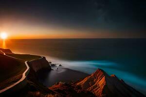 a Sol conjuntos sobre a oceano e falésias. gerado por IA foto