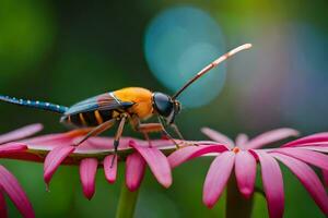 uma amarelo e Preto inseto em Rosa flores gerado por IA foto