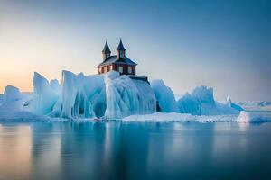 icebergs e uma Igreja dentro a meio do a oceano. gerado por IA foto