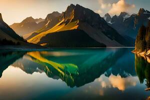 montanhas refletido dentro uma lago às pôr do sol. gerado por IA foto