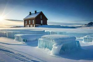uma casa dentro a neve com gelo blocos. gerado por IA foto