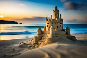 uma areia castelo em a de praia às pôr do sol. gerado por IA foto