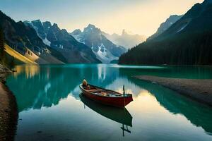 uma barco senta em a costa do uma lago com montanhas dentro a fundo. gerado por IA foto