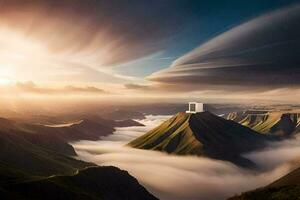 uma nuvem sobre uma montanha com uma pequeno casa dentro a meio. gerado por IA foto