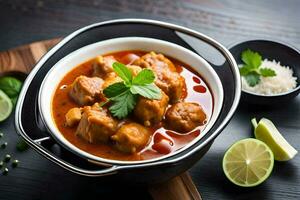 frango Curry dentro uma tigela com Lima e especiarias. gerado por IA foto