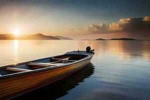 uma barco em a água às pôr do sol. gerado por IA foto