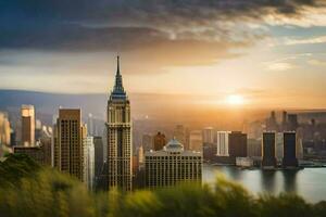 a Sol sobe sobre a cidade Horizonte dentro Novo Iorque. gerado por IA foto