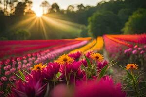 uma campo do flores com a Sol brilhando através. gerado por IA foto