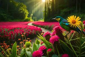 uma pássaro é empoleirado em uma flor campo com Rosa e amarelo flores gerado por IA foto