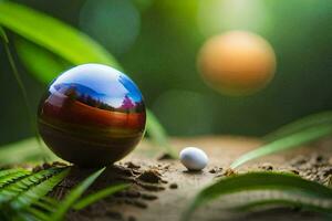 uma bola e uma bola dentro a meio do uma campo. gerado por IA foto