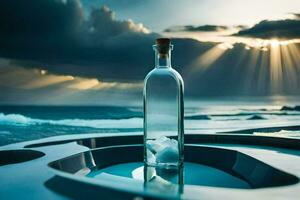 uma garrafa do água senta em uma mesa dentro frente do a oceano. gerado por IA foto