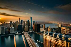 a Sol conjuntos sobre a cidade Horizonte dentro Novo Iorque. gerado por IA foto
