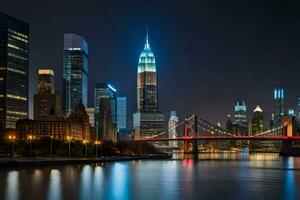 Novo Iorque cidade Horizonte às noite com a Império Estado construção e a Brooklyn ponte. gerado por IA foto