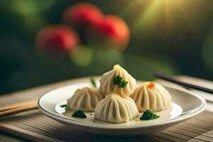 dumplings dentro uma tigela em uma mesa. gerado por IA foto
