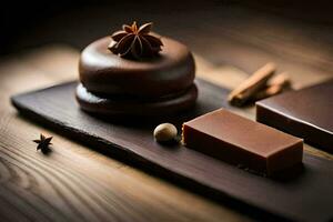 chocolate e de outros chocolates em uma de madeira mesa. gerado por IA foto