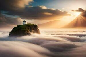 uma farol senta em topo do uma montanha cercado de nuvens. gerado por IA foto