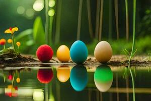 colorida ovos estão refletido dentro água em uma floresta chão. gerado por IA foto